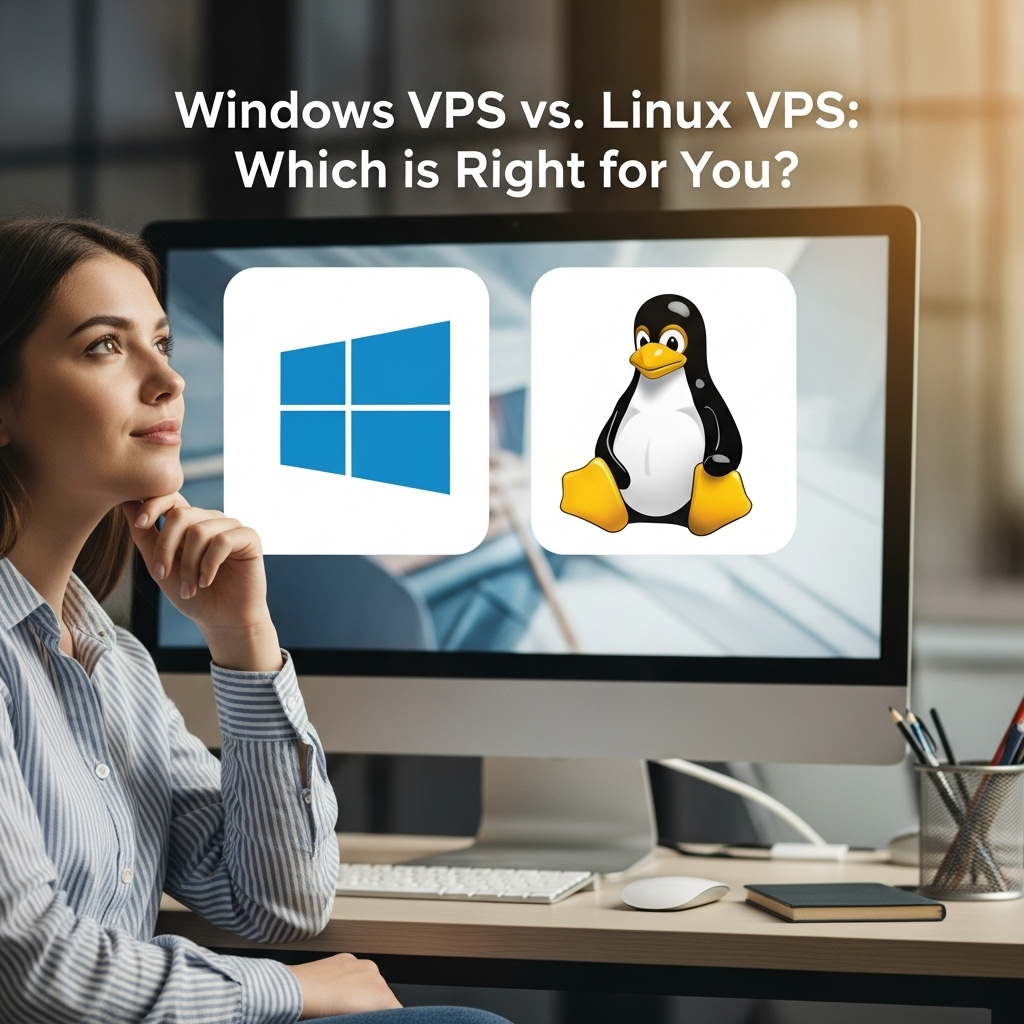 A comparison of Windows and Linux VPS hosting, with a woman pointing to the Linux penguin mascot.